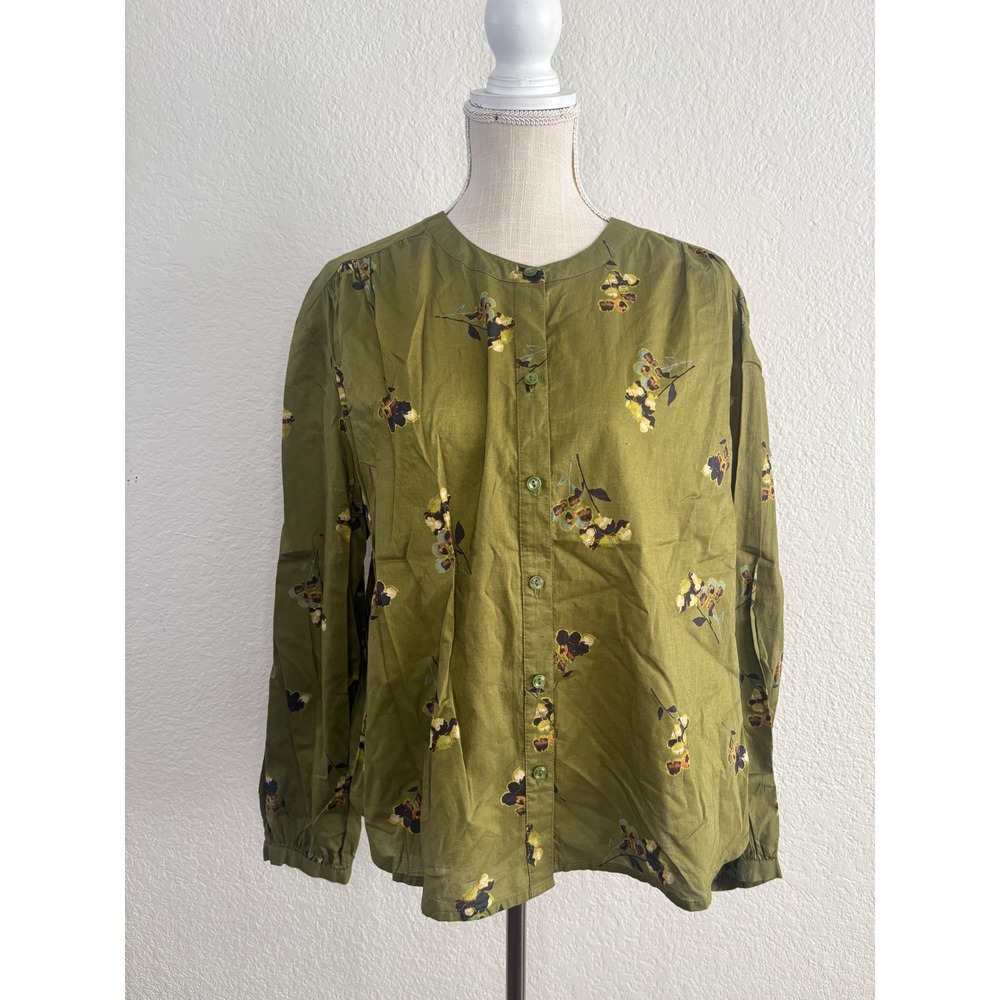 a.n.a‎ Button Up Blouse Large Olive Green Floral Cotton Band Collar NWT - Picture 2 of 10